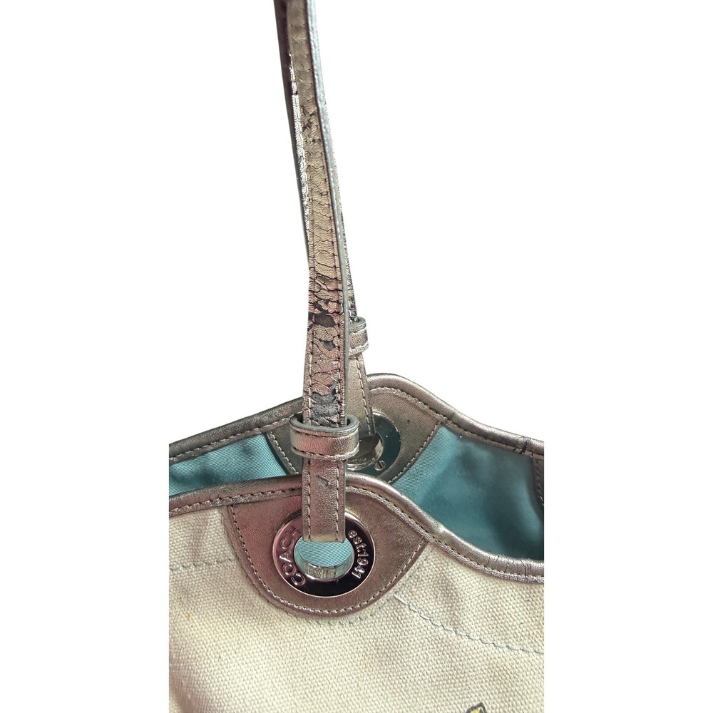 Coach Starfish Beach Canvas Tote Bag Silver Metallic Leather Trim F19212 - Picture 5 of 13